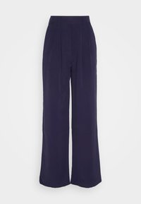 Pantalon large taille haute bleu marine avec plis devant et passants de ceinture, présenté sur un fond blanc.