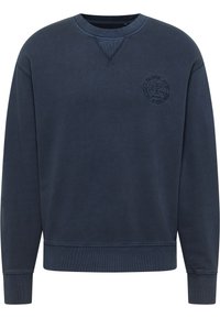Sweat-shirt bleu marine en coton avec un col rond, des poignets côtelés et un patch logo texturé sur la poitrine. Design lisse et décontracté.