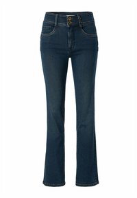 Jeans de mezclilla azul oscuro con pierna acampanada, cintura alta, dos bolsillos frontales y acentos de botón de latón en la cintura.