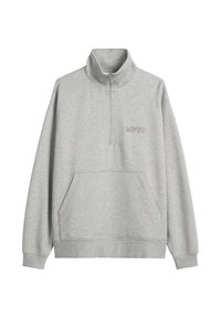 Hellgraues Sweatshirt mit hohem Kragen, Viertel-Reißverschluss und Fronttasche. Mit gerippten Bündchen und Saum sowie dezentem gesticktem Text.