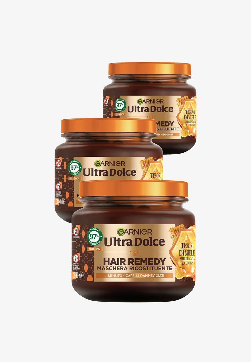 Garnier - ULTRA DOLCE TESORI DI MIELE, MASCHERA RIPARATRICE HAIR REMEDY, 97% ORIGINE NATURALE, 1 MINUTO DI POSA, CAPELLI DANNEGGIATI, SENZA SILICONI, 340 ML - 3 PACK - Maschera per capelli, Ingrandire