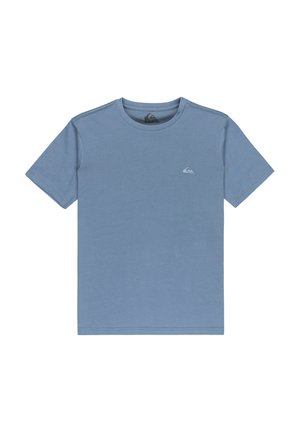 Blue cotton t-shirt with a round neck, short sleeves, and a small, white logo on the left chest. Smooth texture and casual design.