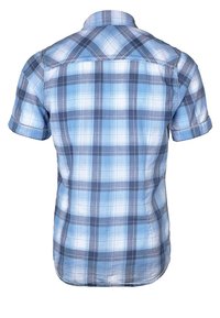 Camicia a maniche corte, a scacchi, con motivo a quadri blu e bianchi, realizzata in tessuto leggero con vestibilità comoda e orlo curvo.