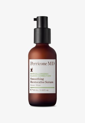 Bruine glazen fles met een zwarte pompdeksel. Witte en groene label toont "Perricone MD Smoothing Restorative Serum," 59 mL formaat.