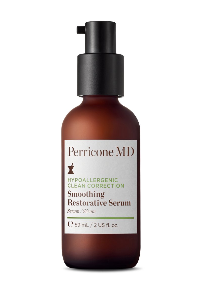 Braune Glasflasche mit schwarzem Pumpspender. Ein weißes und grünes Etikett zeigt "Perricone MD Smoothing Restorative Serum", Größe 59 ml.
