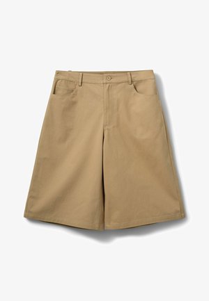 Pantaloncini beige in cotone con taglio dritto, dotati di chiusura con bottone e cerniera, due tasche frontali e senza motivi o decorazioni visibili.