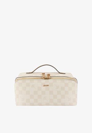 Kremowa, w kratę, prostokątna kosmetyczka z podwójnym złotym zamkiem i uchwytem na górze, z logo "JOOP!" na froncie.