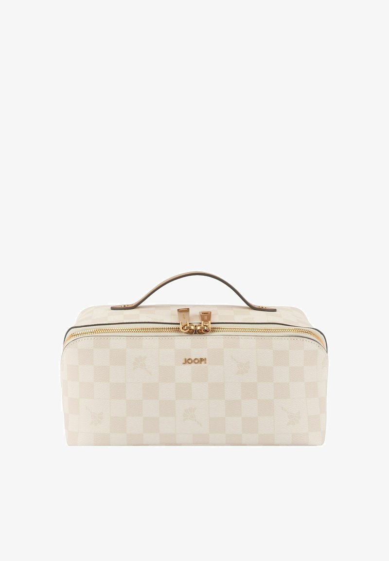 Crèmekleurige geruite rechthoekige toilettas met dubbele gouden ritssluiting en bovenhandvat, met het merk "JOOP!" aan de voorkant.