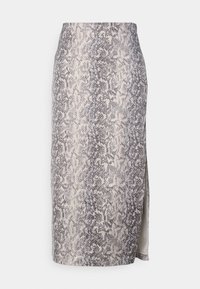 Patterned pencil skirt featuring a snake print design in neutral tones, with a side slit for added detail. Made from a smooth fabric.