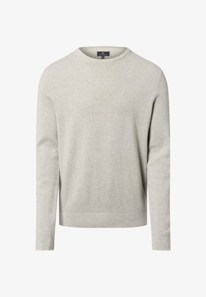 Hellgrauer Pullover aus strukturiertem Stoff. Hat einen runden Halsausschnitt, lange Ärmel und gerippte Bündchen sowie Saum. Keine Muster oder Akzente.