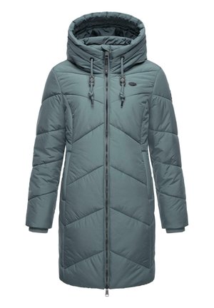 Teal pufferjack met een capuchon, voorzien van een ritssluiting aan de voorkant, verstelbare trekkoorden en een chevron-quiltpatroon. Gemaakt van een glad, waterafstotend materiaal.
