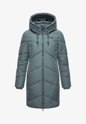 Manteau rembourré teal avec capuche, présentant une fermeture éclair à l'avant, des cordons de serrage réglables et un motif en chevrons. Fabriqué dans un matériau lisse et résistant à l'eau.