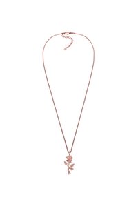 Roséguld halskæde med kædedesign og floralt vedhæng, der indeholder en rose og blade, detaljeret med teksturerede accenter. Justerbar låsesystem.