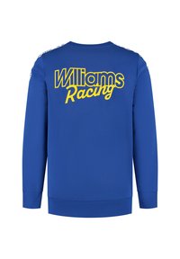 Niebieska bluza z długimi rękawami. Na plecach widnieje żółty napis "Williams Racing". Prosty design, materiał wydaje się gładki i miękki.