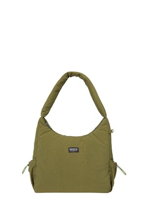 Olive green padded shoulder bag with a wide handle, zippered main compartment, side pockets, and a small black logo patch on the front.