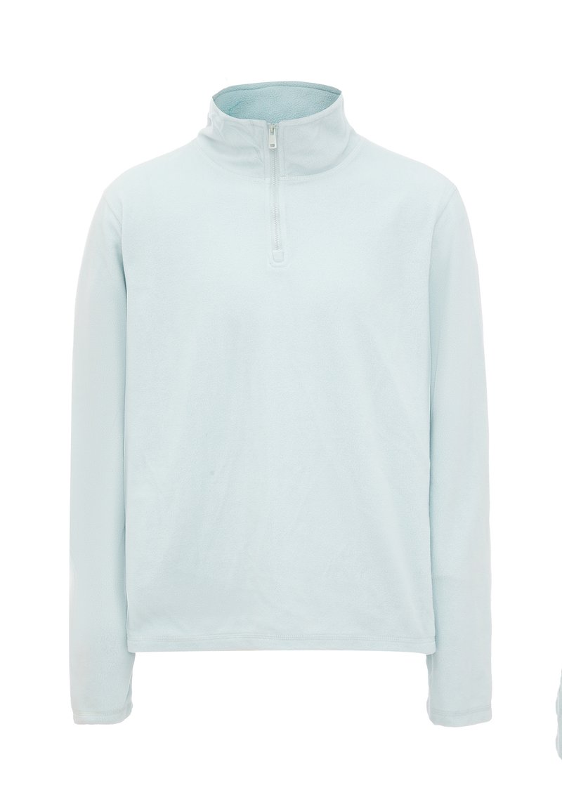 Lyseblå fleecepullover med halv-zip krave, lange ærmer og blød tekstur; minimale sømme og en afslappet pasform.