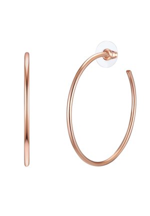 Orecchini a cerchio in metallo rosa con un profilo liscio e arrotondato. Presentano uno sfondo trasparente per una vestibilità sicura, evidenziando un design minimalista.