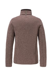Braune, strukturierte Jacke mit hohem Kragen. Verfügt über ein glattes Innenfutter und kontrastierende Nähte. Eng anliegende Ärmel mit elastischen Bündchen.