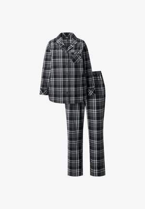 Schwarz-weiße karierten Schlafanzug-Set mit einem knöpfbaren Oberteil mit Tasche und elastischem Bund, aus weichem Stoff gefertigt.