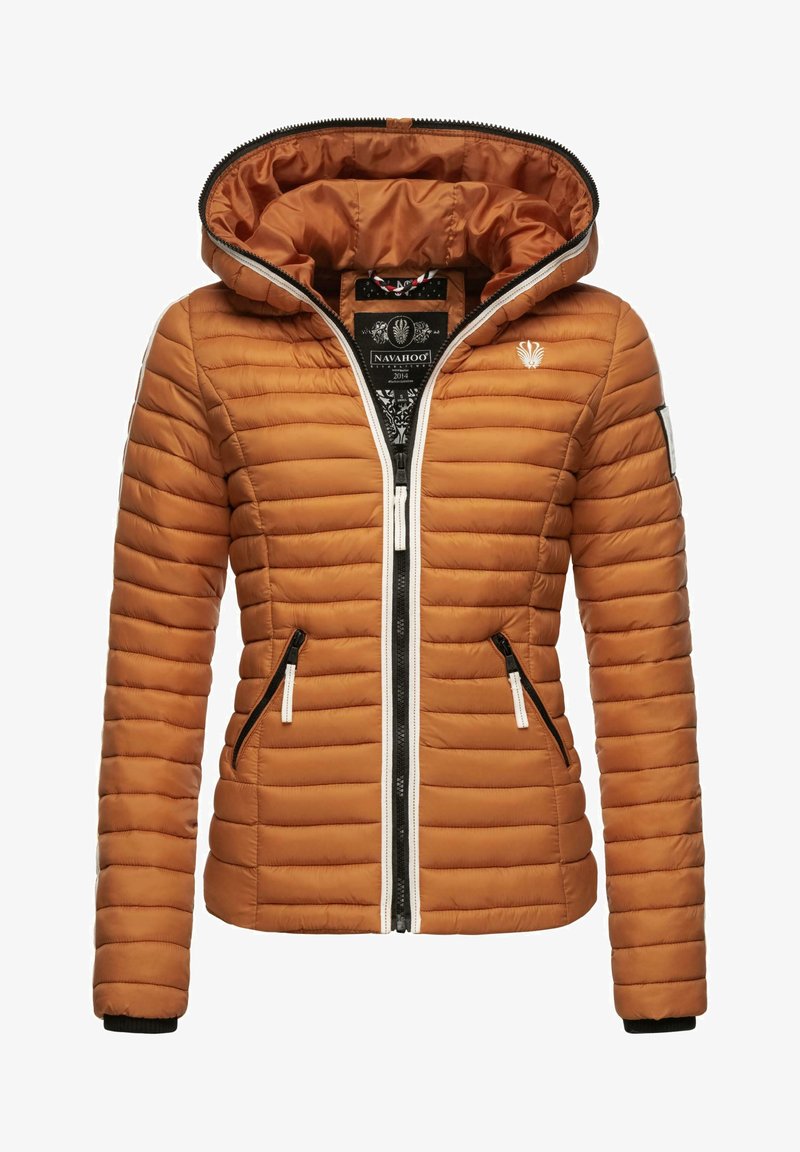 Padded jacket in burnt orange with a hood, zippered front, and black accents. Features stitched horizontal lines and two side pockets.