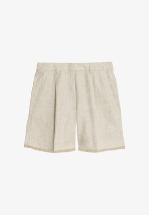 Shorts en lin de couleur beige clair, avec des plis et un ourlet à franges. Le devant comprend deux poches latérales.