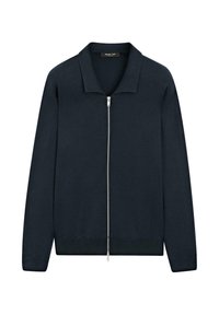 Marineblaues Zip-Cardigan mit langen Ärmeln, gerippten Bündchen und Saum sowie einem umgeschlagenen Kragen.