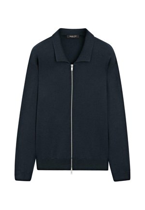 Marineblaues Zip-Cardigan mit langen Ärmeln, gerippten Bündchen und Saum sowie einem umgeschlagenen Kragen.