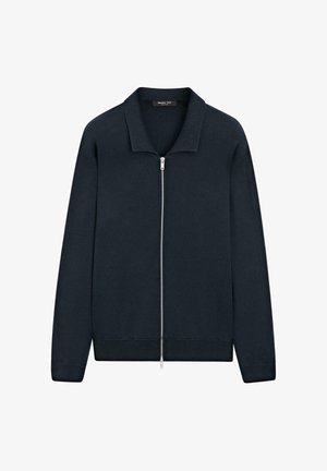 Cardigan zip-up di colore blu navy con maniche lunghe, polsini e orlo a coste, e colletto ripiegato.