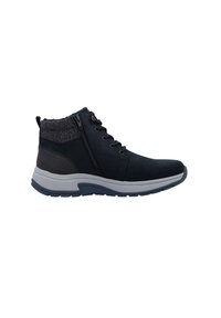 Schwarze Knöchelstiefel mit einem strukturierten grauen Kragen, seitlichem Reißverschluss und weißer Dämpfungssohle. Mit einer glatten Lederoberfläche.