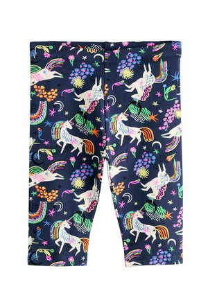 Marineblå leggings med farverige enhjørninger, regnbuer, stjerner, blomster og halvmåner i et eventyrligt mønster.