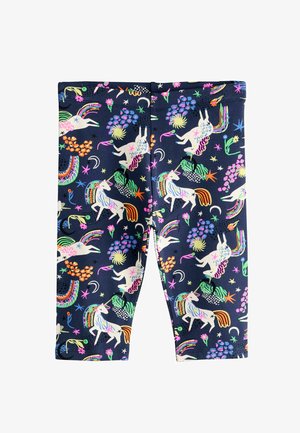 Marineblaue Leggings mit bunten Einhörnern, Regenbögen, Sternen, Blumen und Mondsicheln in einem verspielten Muster.