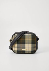 Plaid crossbody bag with a dark leather strap, featuring green, beige, and orange patterns. Gold-tone hardware and a logo accent.