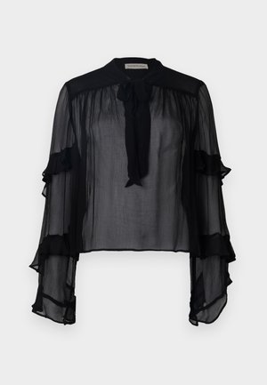 Schwarze durchsichtige Bluse mit langen, gerafften Ärmeln und einer Schleife am Hals. Besteht aus leichtem Material und hat eine lockere Passform, die sich gut zum Schichten eignet.