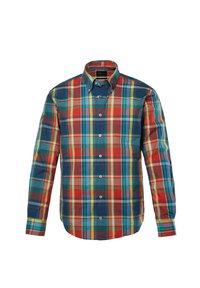 Camisa de botones en un estampado de cuadros multicolores con rojo, azul, verde y amarillo. Tiene mangas largas y un diseño de cuello clásico.