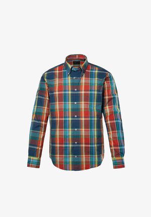 Geknoopte blouse in een multi-kleurige ruitpatroon met rood, blauw, groen en geel. Lange mouwen en een klassiek kraagontwerp.