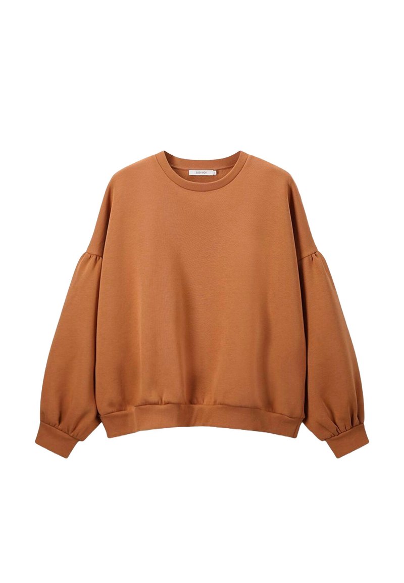 Sweat-shirt marron avec un col rond, des épaules tombantes et des manches bouffantes froncées. Tissu texturé avec ourlet et poignets côtelés.