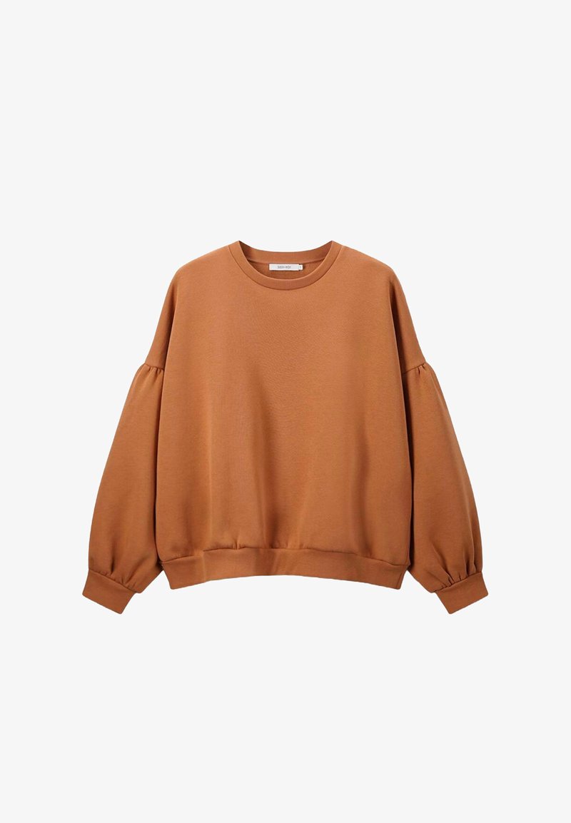 Sweat-shirt marron avec un col rond, des épaules tombantes et des manches bouffantes froncées. Tissu texturé avec ourlet et poignets côtelés.