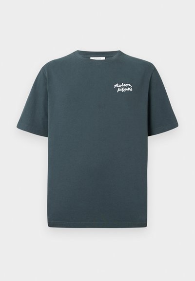 Herren T-Shirt aus dunkelgrauer Baumwolle mit kurzen Ärmeln, Rundhalsausschnitt und weißem "Maison Kitsuné"-Logo auf der linken Brustseite.
