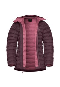 Giubbotto imbottito di un profondo bordeaux con una fodera interna rosa. Presenta una chiusura frontale con zip, un cappuccio e una texture trapuntata con blocchi di colore.