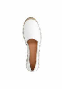 Weiße Espadrille mit flachem Schuh, rundem Zehenbereich, gewebter Jutesohle und kontrastierendem beigefarbenem Stich entlang der Kante. Glattes Textil-Obermaterial.