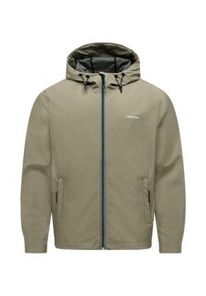 Lyse olivengrøn hættetrøje med frontlynlås, justerbare snore i hætten, sidelommer og lille "ragwear"-logo på brystet.
