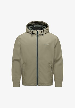 Veste à capuche vert olive clair avec fermeture éclair avant, cordons ajustables sur la capuche, poches latérales et petit logo "ragwear" sur la poitrine.