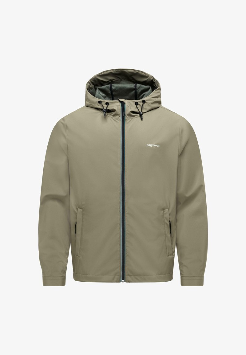 Hellolivgrüne Kapuzenjacke mit durchgehendem Reißverschluss, verstellbaren Kordeln an der Kapuze, Seitentaschen und kleinem "ragwear"-Logo auf der Brust.