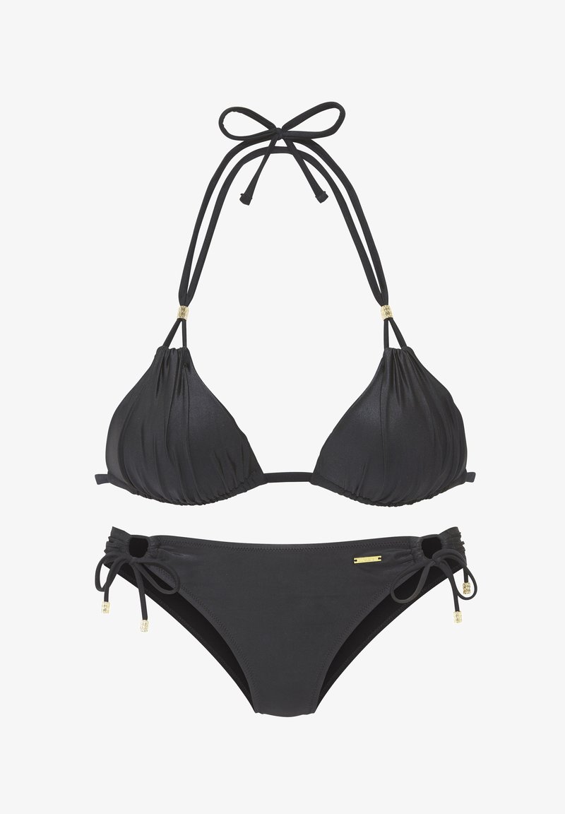 Czarny dwuczęściowy bikini z wiązaniami na szyi, marszczonymi trójkątnymi miseczkami i dolną częścią z bocznymi wiązaniami z małymi złotymi akcentami.