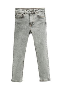 Jeans de mezclilla gris con una textura suave, diseño clásico de cinco bolsillos, detalles de costura y corte recto, con un cierre de botón.