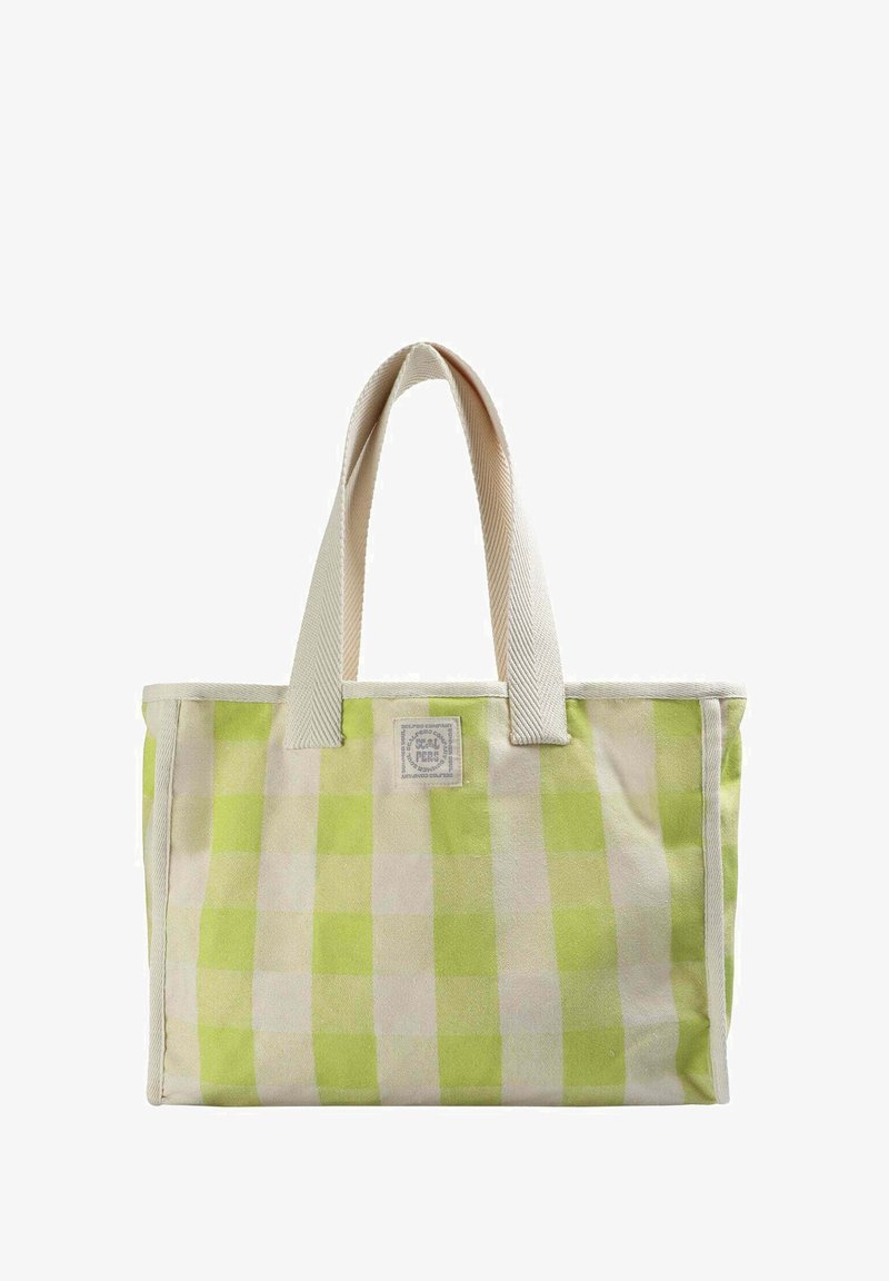 Green and beige checked canvas tote bag with two short handles and a square logo patch on the front. Sturdy fabric and simple design.