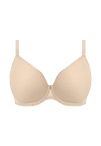 Beige kant beha met een glad, semi-gevoerd ontwerp. V-vormige cups en verstelbare bandjes. Subtiel visgraatpatroon textuur.
