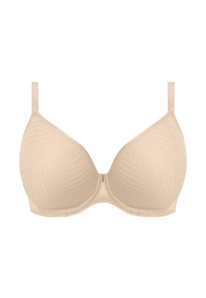 Beige kant beha met een glad, semi-gevoerd ontwerp. V-vormige cups en verstelbare bandjes. Subtiel visgraatpatroon textuur.