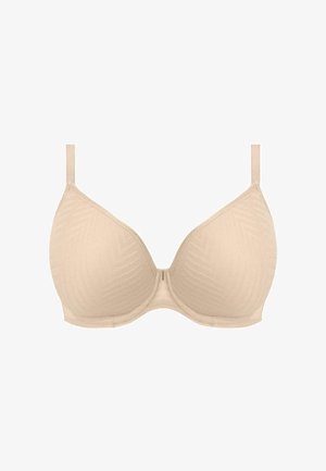 Beige kant beha met een glad, semi-gevoerd ontwerp. V-vormige cups en verstelbare bandjes. Subtiel visgraatpatroon textuur.