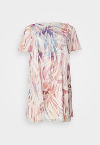 Przezroczysta bluzka z krótkim rękawem, wyróżniająca się wielobarwnym, abstrakcyjnym wzorem w pastelowych odcieniach różu, niebieskiego i kremowego, z falującymi detalami.